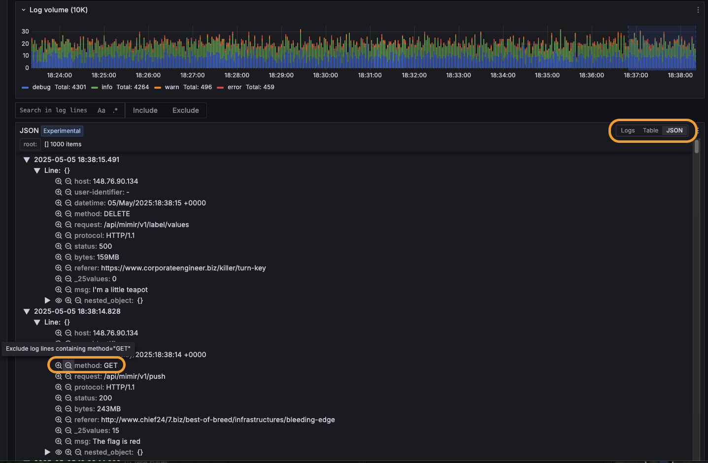 The JSON viewer Show Logs button on a JSON logging service
