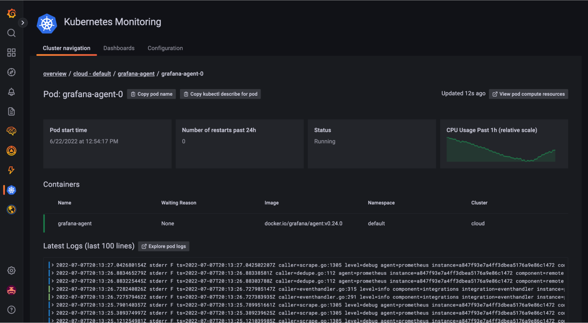 Drill down to pod level in the Kubernetes Monitoring solution in Grafana Cloud. Drill down to pod level in the Kubernetes Monitoring solution in Grafana Cloud.